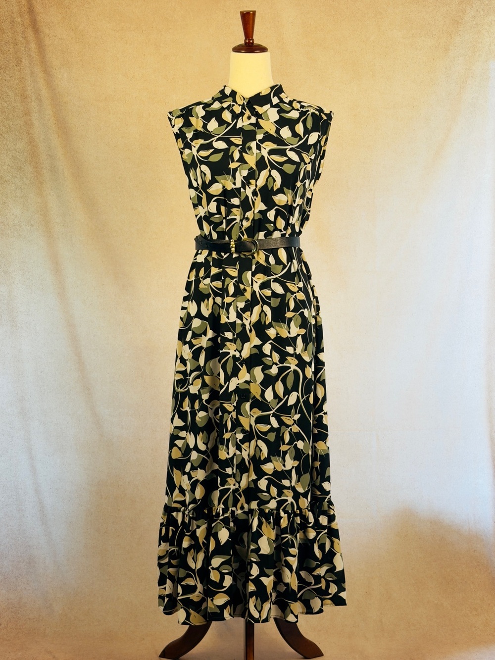 Investments Green and Cream Leaf-Print Sleeveless Maxi Dress